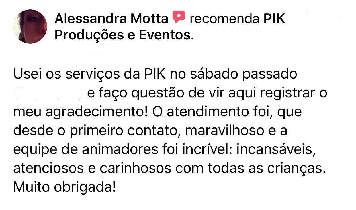 Avaliação de cliente da PIK Produções e Eventos